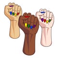 Freedom for lgbt. Pride fist. Three female fists raised as a sign of protest. Different ethnics. Asian, Afro American, European Royalty Free Stock Photo